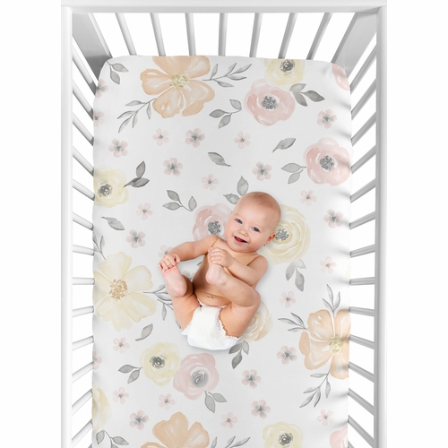 Watercolor Floral Yellow And Pink Collection Crib Sheet - alt image 2