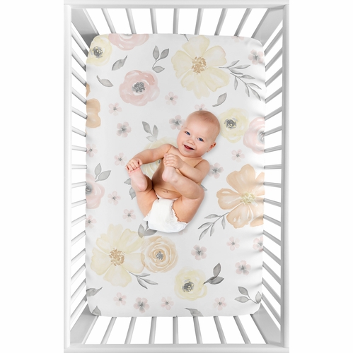 Watercolor Floral Yellow And Pink Collection Mini Crib Sheet - alt image 2