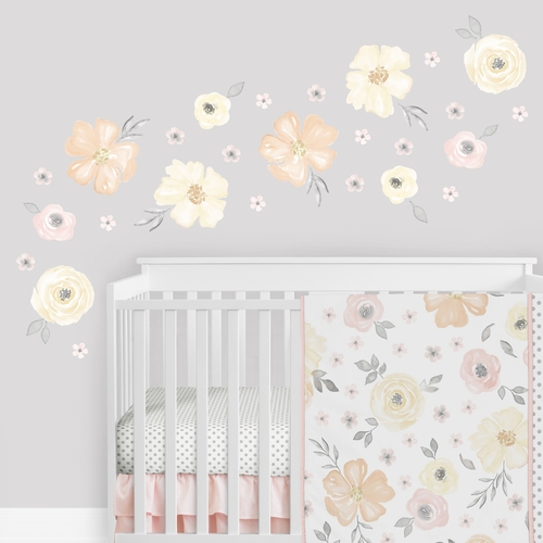Watercolor Floral Yellow And Pink Collection Peel and Stick Wall Decal Stickers - Set of 4 Sheets