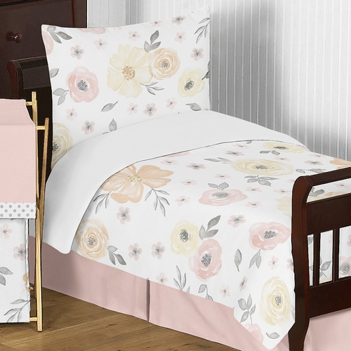 Watercolor Floral Yellow And Pink Collection Toddler Bedding - alt image 5