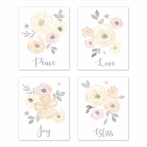 Watercolor Floral Yellow And Pink Collection Wall Art Prints - Set of 4