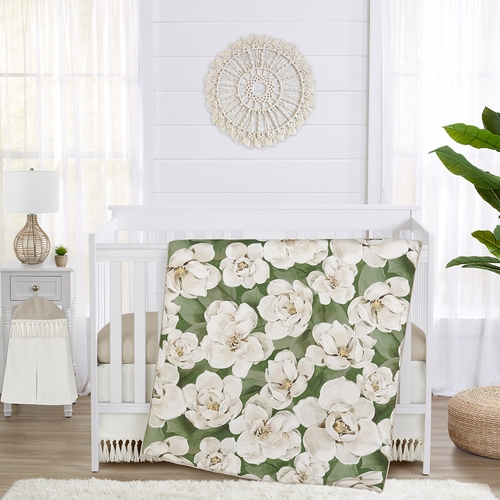 Watercolor Magnolia Sage Green and Ivory Collection 4 Piece Crib Bedding