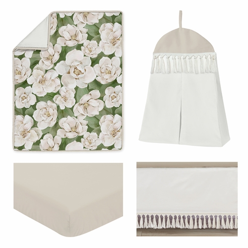 Watercolor Magnolia Sage Green and Ivory Collection 4 Piece Crib Bedding - alt image 1
