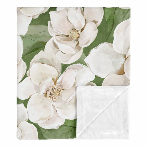 Watercolor Magnolia Sage Green and Ivory Collection Baby Blanket
