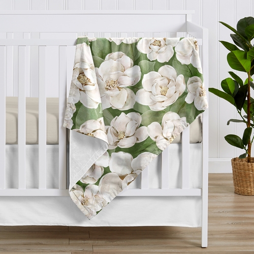 Watercolor Magnolia Sage Green and Ivory Collection Baby Blanket - alt image 1