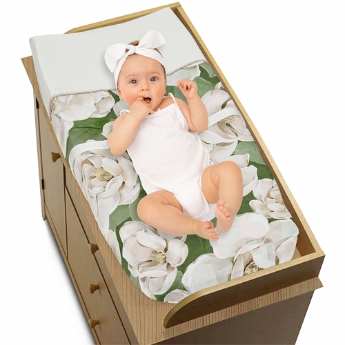 Watercolor Magnolia Sage Green and Ivory Collection Changing Pad Cover - alt image 2