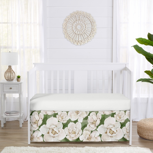 Watercolor Magnolia Sage Green and Ivory Collection Crib Bed Skirt - alt image 1