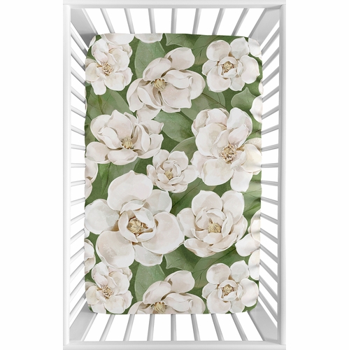 Watercolor Magnolia Sage Green and Ivory Collection Mini Crib Sheet