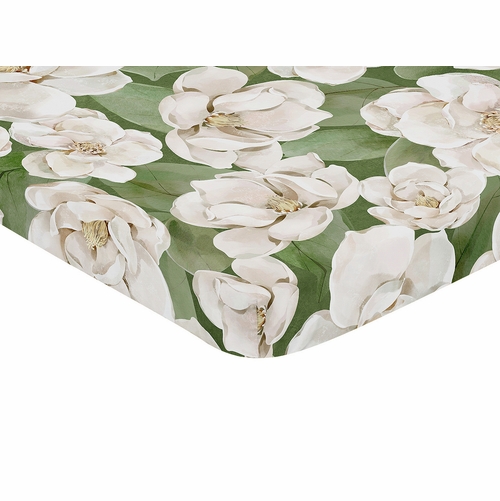 Watercolor Magnolia Sage Green and Ivory Collection Mini Crib Sheet - alt image 1