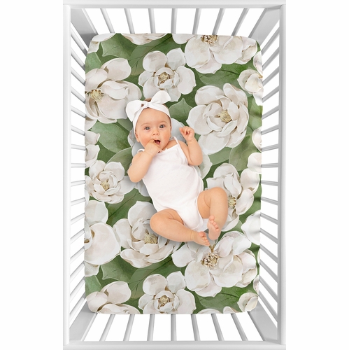 Watercolor Magnolia Sage Green and Ivory Collection Mini Crib Sheet - alt image 2