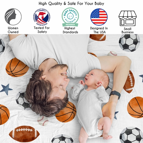 Watercolor Sports Theme 100% Cotton Muslin Baby Swaddle Receiving Blanket - alt image 1