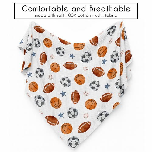 Watercolor Sports Theme 100% Cotton Muslin Baby Swaddle Receiving Blanket - alt image 4