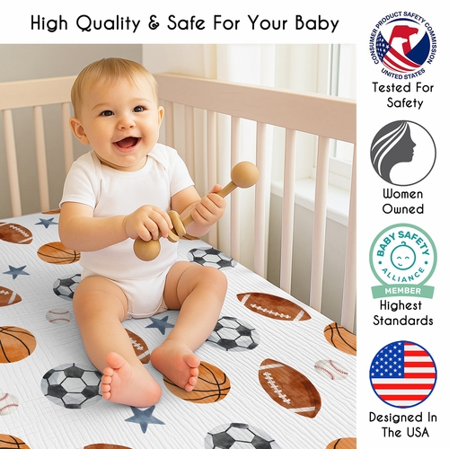 Watercolor Sports Theme  100% Cotton Muslin Crib Sheet - alt image 2