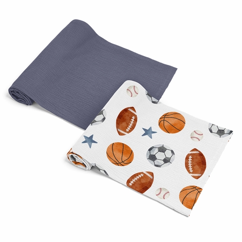Watercolor Sports Theme 2 Pack 100% Cotton Muslin Baby Swaddle Receiving Blankets