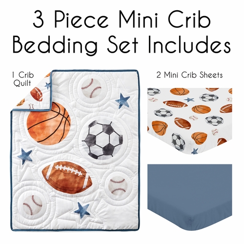Watercolor Sports Theme 3 Piece Mini Crib Bedding Set - alt image 1