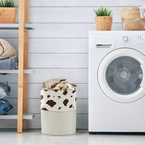 Wild West Collection Woven Laundry Rope Basket Hamper with Liner - Cow Print - alt image 1