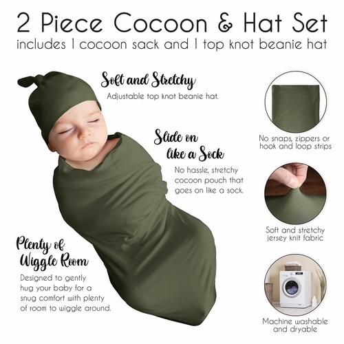 Woodland Camo Collection Baby Cocoon and Beanie Hat - 2 Piece Set - Solid Green - alt image 5