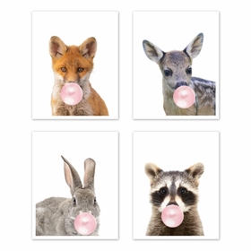 Woodland Forest Animal Collection Wall Art Prints - Set of 4 - Pink Bubble