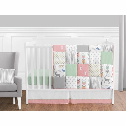 Woodsy Coral, Mint and Grey 11 Piece Bumperless Crib Bedding Collection