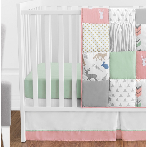 Woodsy Coral, Mint and Grey 11 Piece Bumperless Crib Bedding Collection - alt image 1
