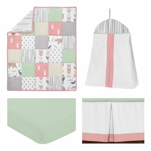 Woodsy Coral, Mint and Grey 4 Piece Bumperless Crib Bedding Collection - alt image 1