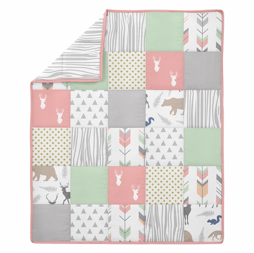 Woodsy Coral, Mint and Grey Collection 5 Piece Crib Bedding - alt image 2