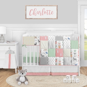 Woodsy Coral, Mint and Grey Collection 5 Piece Crib Bedding