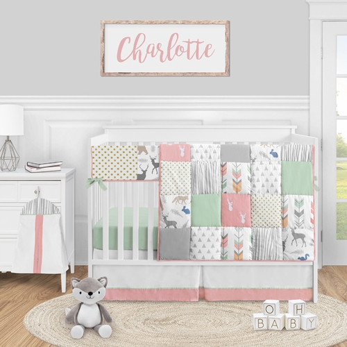 Woodsy Coral, Mint and Grey Collection 5 Piece Crib Bedding