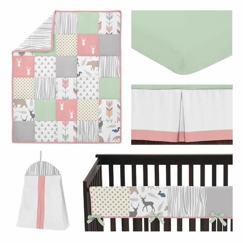 Woodsy Coral, Mint and Grey Collection 5 Piece Crib Bedding - alt image 1