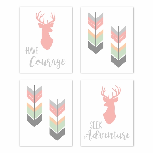 Woodsy Coral, Mint and Grey Collection Wall Art Prints - Set of 4