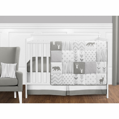 Woodsy Grey and White 11 Piece Bumperless Crib Bedding Collection
