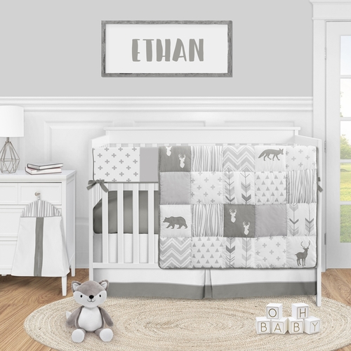 Woodsy Grey and White Collection 5 Piece Crib Bedding