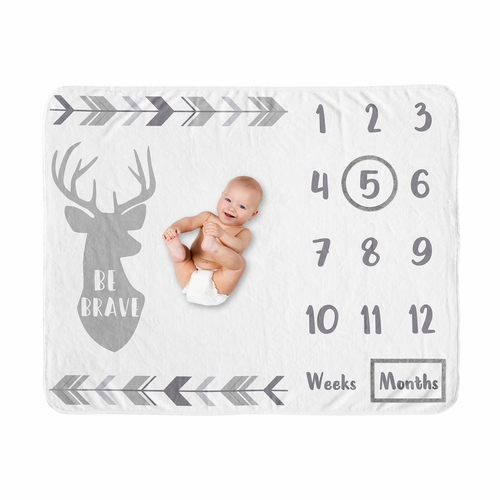 Woodsy Grey and White Collection Monthly Milestone Baby Blanket