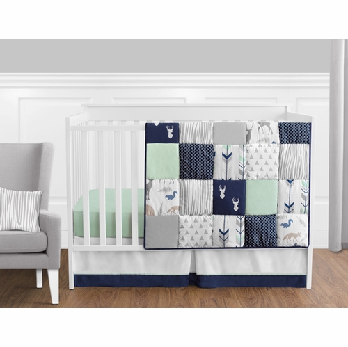 Woodsy Navy, Mint and Grey 11 Piece Bumperless Crib Bedding Collection