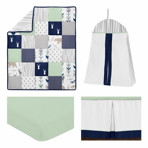 Woodsy Navy, Mint and Grey 4 Piece Bumperless Crib Bedding Collection - alt image 1