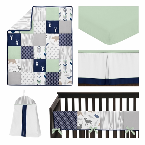Woodsy Navy, Mint and Grey Collection 5 Piece Crib Bedding - alt image 1