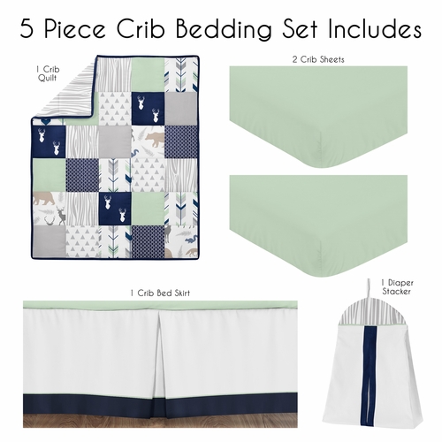 Woodsy Navy, Mint and Grey Collection 5 Piece Crib Bedding - alt image 1
