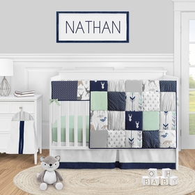 Woodsy Navy, Mint and Grey Collection 5 Piece Crib Bedding