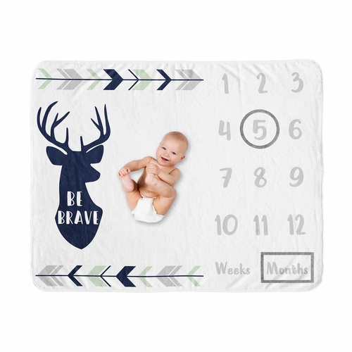 Woodsy Navy, Mint And Grey Collection Monthly Milestone Baby Blanket