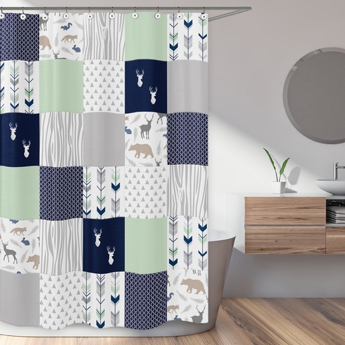 Woodsy Navy, Mint and Grey Collection Shower Curtain - alt image 1