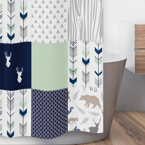 Woodsy Navy, Mint and Grey Collection Shower Curtain - alt image 2