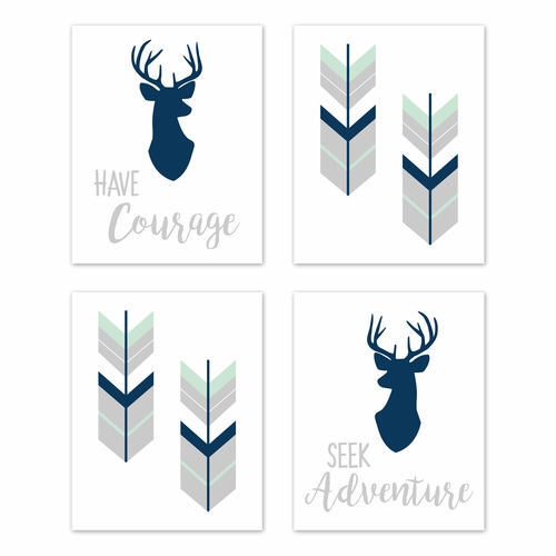 Woodsy Navy, Mint and Grey Collection Wall Art Prints - Set of 4