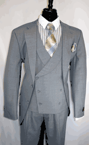 46R Available. Apollo King W420 -Light Grey Heather- (3 inch wide) Notch Lapel and Pic-Stitch Detailing. This Sophisticated Suit Jacket has 2 button closure and (9 inch) Vented back with 3 Flap Pockets. The matching -Double Breasted Vest- has 6 X 3 button closure and (3 inch wide) Shawl Lapels and satin back with the Banker Strap. The matching 4 pockets Pants have (2 small pleats) and are lined to the knee with (20 inch bottom) available @ BerganBrothersSuits.com 46R Available. Apollo King W420 -Light Grey Heather- (3 inch wide) Notch Lapel and Pic-Stitch Detailing. This Sophisticated Suit Jacket has 2 button closure and (9 inch) Vented back with 3 Flap Pockets. The matching -Double Breasted Vest- has 6 X 3 button closure and (3 inch wide) Shawl Lapels and satin back with the Banker Strap. The matching 4 pockets Pants have (2 small pleats) and are lined to the knee with (20 inch bottom) available @ BerganBrothersSuits.com