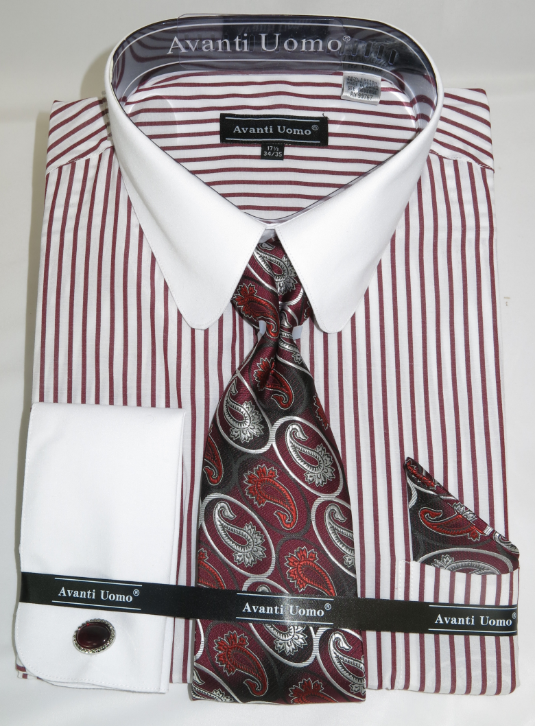 Avanti Dn80m -Burgundy.Banker.Stripe- Men's French Cuff Dress Shirt with  White Collar and Starch White French Cuff Classic Business Attire  featuring the Round Collar detail plus beautiful color keyed cuff links all  just