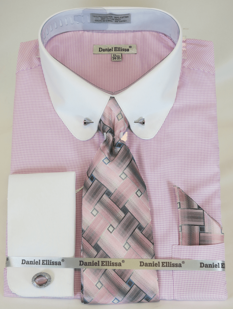 Daniel Ellissa 3815p2Pink -Pink.mini.HoundsTooth- Men's French Cuff Dress  Shirt (70%-30% Poly-Cotton) with White Collar and Starch White French Cuff  (3 inch fold back) featuring pass thru Collar-Bar detail featuring the (2  inch)