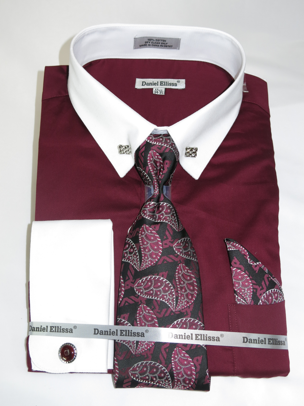 Daniel Ellissa Ds3790p2 -Burgundy- Men's French Cuff Dress Shirt -100%  cotton- Shirt with -Crisp White- French Cuff and -Old School- White Collar  with a pass thru -Collar Bar- (ask a Old G).Plus