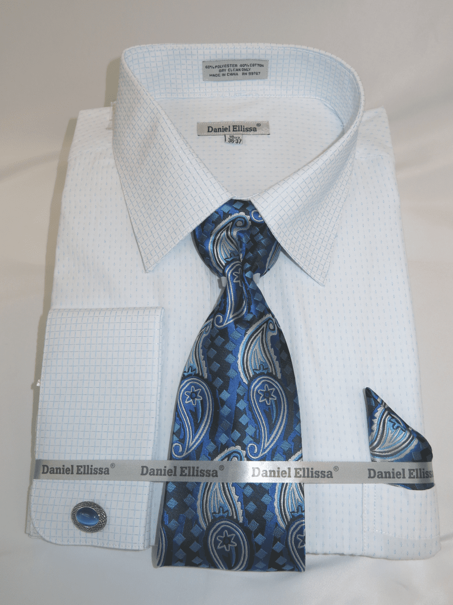 Daniel Ellissa Ds3792p2 Blue French Cuff Dress Shirt with Birds Eye Pattern Body with