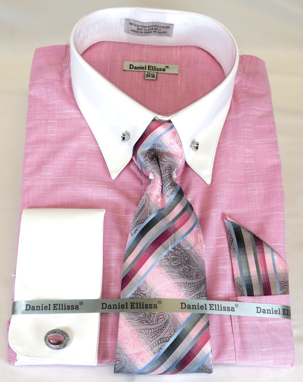 Daniel Ellissa Ds3810 -Pink- Men's French Cuff Dress Shirt (High Cotton  Poly blend) with Starch White