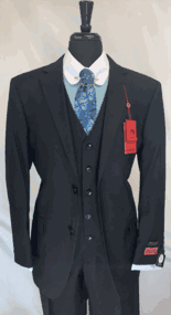 Mazari -Black- Vested 2-Button Jacket with Notch Lapels, 2 Flap pockets, and two back vents. This jacket is very unique with built-in flex around the shoulders and back perfect for someone on the move. The matching vest closes with 5 buttons and two back adjustable straps. The Pants are Flat Front with (18 inch) Bottoms and are lined to the knee available @ BerganBrothersSuits.com Mazari -Black- Vested 2-Button Jacket with Notch Lapels, 2 Flap pockets, and two back vents. This jacket is very unique with built-in flex around the shoulders and back perfect for someone on the move. The matching vest closes with 5 buttons and two back adjustable straps. The Pants are Flat Front with (18 inch) Bottoms and are lined to the knee available @ BerganBrothersSuits.com