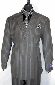 Vinci Dss-4 Grey Pin Stripe Double Breasted 2piece Suit Jacket with Peak Lapels and (6 by 2) button closure with Back Vents. All made in the Classic BOLD Black and White Stripe fabric. The matching 4 Pockets Pants are lined to the knee available @BerganBrothersSuits.com